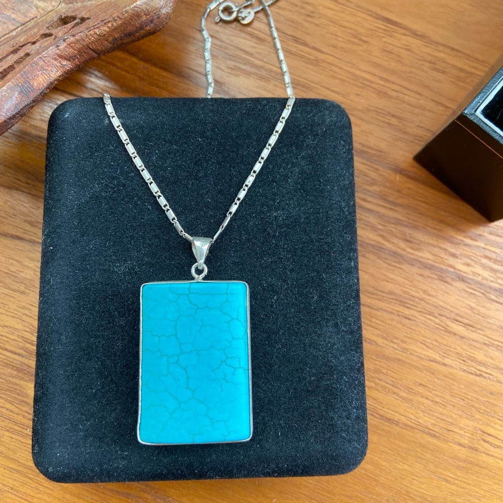 Vintage 70s Sterling Silver LARGE Turquoise Necklace Pendant Modern Mexico Frida